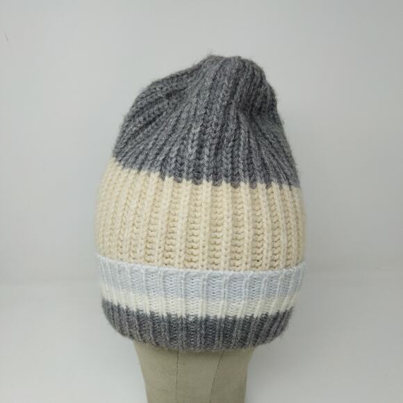 Old Navy Toboggan Beanie Hat Gray Cream White Striped OSFA Acrylic Blend - Picture 3 of 11